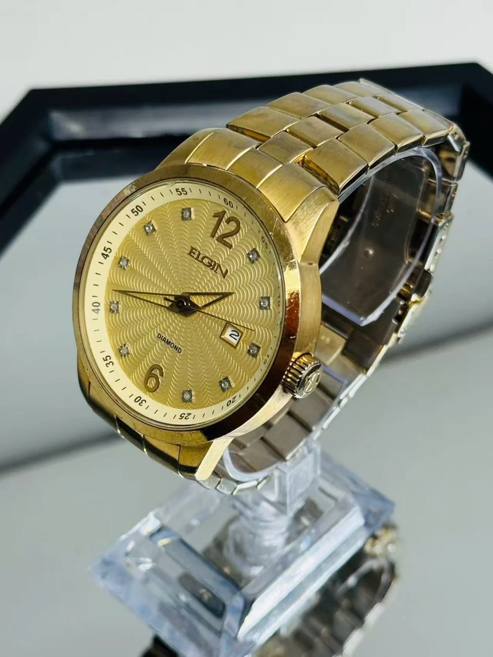 Vintage Elgin Men Gold Tone Quartz Watch Diamond Dial Date 46mm New Battery Runs